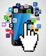 Universal design mobile phone with mouse hand cursor and app ic