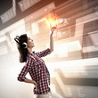Woman touching virtual screen