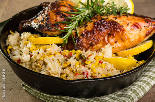Photo: Lemon chicken with rice and roasted corn Lemon chicken with rice and roasted corn