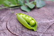 Fresh green peas on an old wooden background