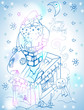 Santa Claus Christmas card with gifts and snowman