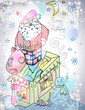 Santa Claus Christmas card with gifts and snowman