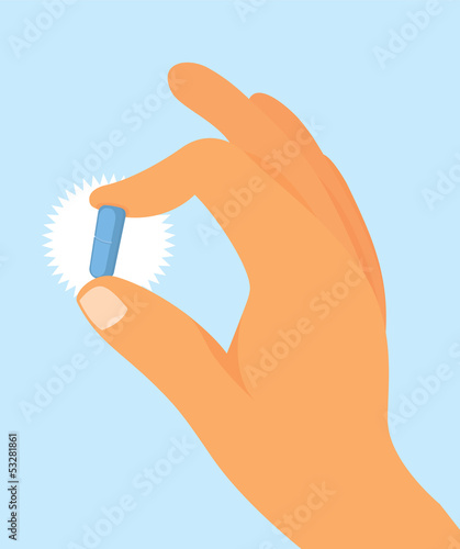 Illustration: Hand holding blue pill Hand holding blue pill