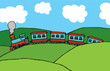 Train cruising through hills