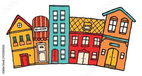 Illustration: Small cartoon town / Cute colorful neighborhood Small cartoon town / Cute colorful neighborhood