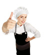 Attractive cook woman showing ok over white background