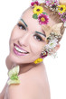 beauty woman with wreath smiles at camera