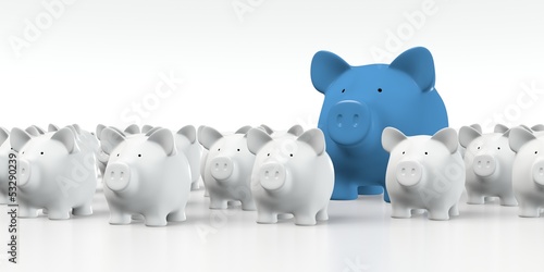 Illustration: Piggy bank - Group with big blue pig Piggy bank - Group with big blue pig