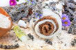 Spa concept with towels, lavender, aroma oil and sea salt