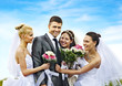 Group bride and groom summer outdoor.