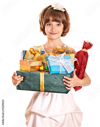 Photo: Child with gold gift box on birthday. Child with gold gift box on birthday.