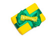 Yellow gift box with green ribbon