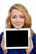 girls with tablet isolated on white background
