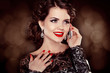 Young happy woman talking on mobile phone. Fashion Brunette Mode