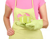 Closeup of  homemaker in apron  holding  pan isolated on white