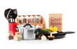 composition of kitchen tools,spices and vegetables isolated