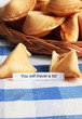 Fortune cookies on blue tablecloth