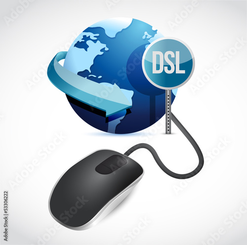 Illustration: mouse connected to a grey globe with a DSL sign. mouse connected to a grey globe with a DSL sign.