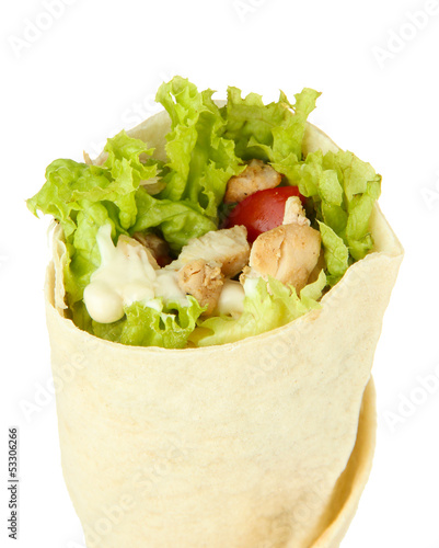 Photo: Kebab - grilled meat and vegetables, isolated on white Kebab - grilled meat and vegetables, isolated on white