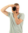 Handsome photographer with camera, isolated on white