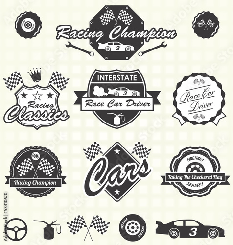 Vector: Vector Set: Retro Race Car Driver Labels and Icons Vector Set: Retro Race Car Driver Labels and Icons