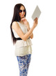 Young girl talks by tablet PC