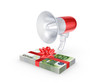 Megaphone and stack of dollars.