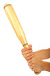 Wooden baseball bat in hand isolated on white background.
