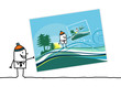 man & postcard
