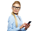 Photo: Portrait of smiling business woman phone talking, isolated on wh Portrait of smiling business woman phone talking, isolated on wh