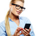 Photo: Portrait of smiling business woman phone talking, isolated on wh Portrait of smiling business woman phone talking, isolated on wh