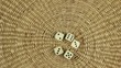 Five dice are shaken by a dice shaker. A Person plays Kniffel.