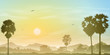 Vector: A Misty Landscape with Palm Trees and Sunset, Sunrise A Misty Landscape with Palm Trees and Sunset, Sunrise