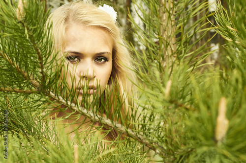 Photo: Beautiful blond woman behind a pine Beautiful blond woman behind a pine