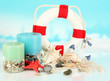 Composition of marine decor on blue natural background