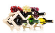 Bottles of wine placed on wooden stand isolated on white