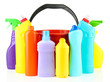 Colorful plastic detergent bottles with bucket, isolated