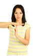 Girl showing time out sign isolated on white