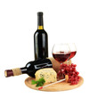 Foto: Wine, tasty blue cheese and grape, isolated on white Wine, tasty blue cheese and grape, isolated on white