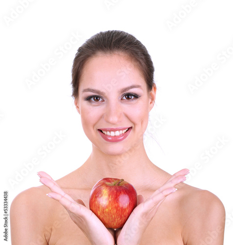 Photo: Smiling woman with apple isolated on white Smiling woman with apple isolated on white