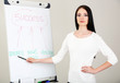 Businesswoman presenting on whiteboard.