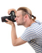 Handsome photographer with camera, isolated on white