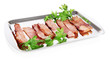 Fried bacon on metal tray isolated on white