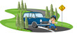 A curve road with a boy and a car