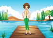 A woman standing above the wooden bridge at the river