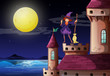 Vector: A witch at the castle with a purple dress A witch at the castle with a purple dress