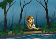 A girl sitting on a wood along the river