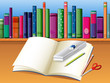 An empty notebook in front of the wooden shelf with books