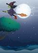 A witch riding a broom along the fullmoon