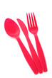 plastic fork, spoon and knife isolated on white background